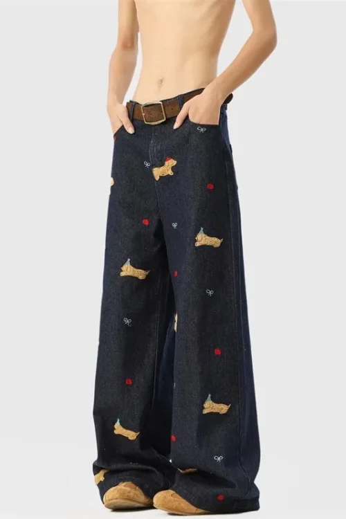 2025 Spring Fall New Arrival American Retro Puppy Embroidered Wide-Leg Jeans Men’s/Women’s Casual Loose Denim Medium