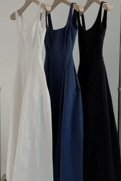 2025 Summer New Korean Waist-Cinching Slimming Elegant Simple Sleeveless Mid-Length Dress Trendy Casual Fashion Strap for Women