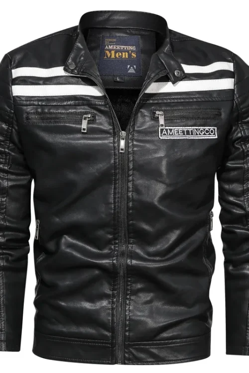 2025 New Design Men’s PU Leather Jacket With Velvet Collar Patchwork Motorcycle Leather Jacket Pocket Decoration PU Coat for Men