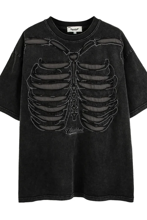 Men’s High Street Trend Ripped Hollow Skull Skeleton Short Sleeved T-Shirt Old Washed Half Sleeved Top Loose Knitted for Summer