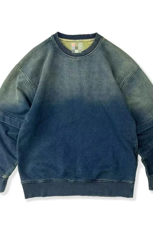 Retro Blue Tie Dyed Oversized Round Neck Loose Autumn Winter Sweatshirt for Men