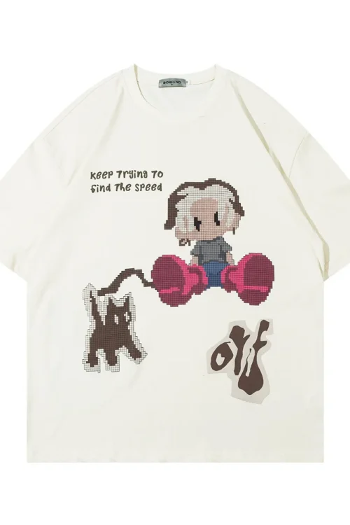 Men’s Fun Cartoon Anime Print Half Sleeve O-neck T-Shirt High Street Trend 100% Cotton Hip Hop Style Loose Fit Base Tee