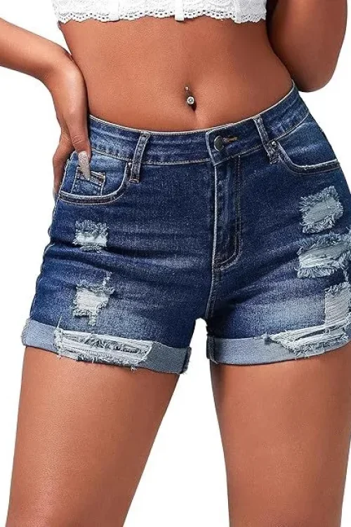 Women’s High-Waist Elastic Denim Shorts Vintage Ripped Hem Straight Skinny Fit Casual Sexy Breathable Washed Button for Summer