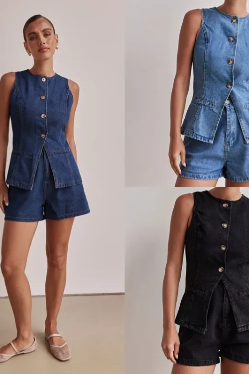 Spring Summer Vintage European American  New Casual Sleeveless Waist High Waist Loose Denim