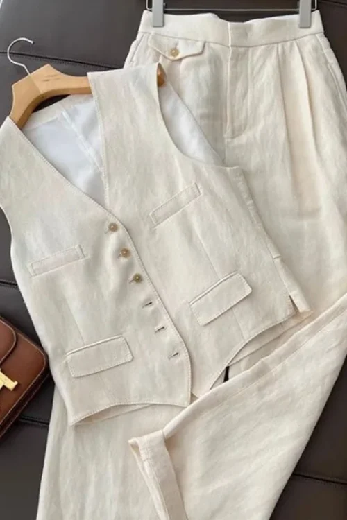 2025 New Summer Korean Fashion Elegant Two-Piece Set Canvas Suit Vest Wide Leg Pants Button Decoration Casual Ins Trend Design