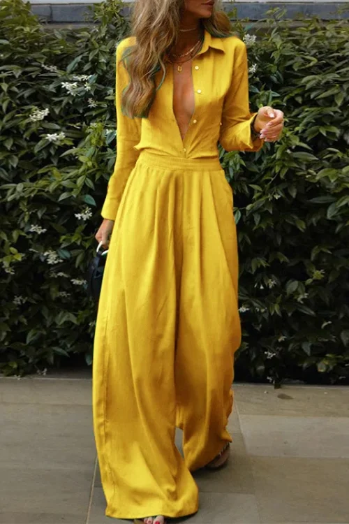 Women’s Casual Fashion Two-Piece Set Stylish Solid Color Shirt Loose Long Pants