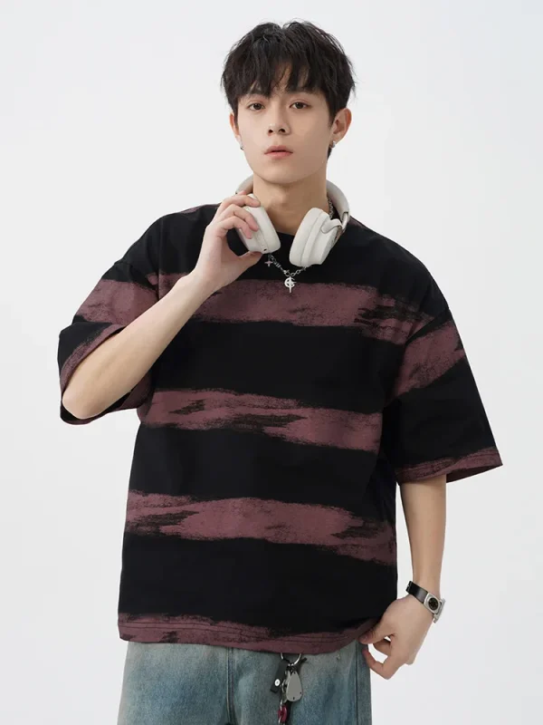 Men's Tie-Dyed Cotton T-Shirt Japanese Retro Style New Fashionable Embroidered Striped Design Summer Half-Sleeved T-Shirt - Image 2