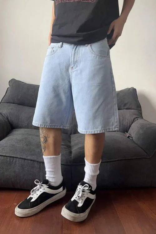 2025 Summer Trendy Retro Denim Shorts for Men Loose Casual Five-Point Pants Mid Waist Knitted Weaving Distressed Crystal