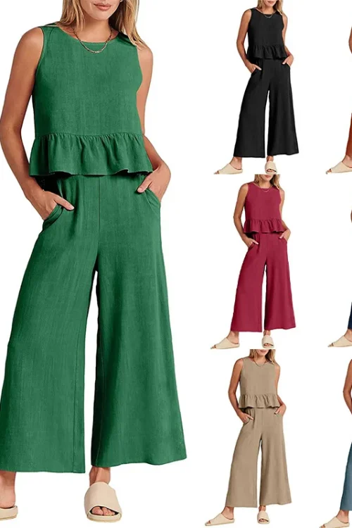 Women’s Floral Nine-Point Pants Shorts Set Sleeveless Pleated Vest and Wide Leg Pants Loose Fit Sports Wear Knitting Fabric