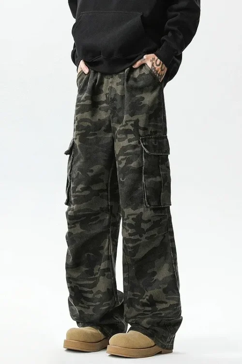 American Retro High Street Men’s Women’s Camouflage Cargo Pants Multi-Flap Pocket New Trendy Straight Casual Versatile