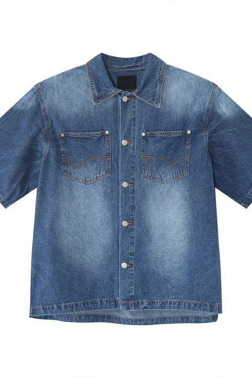 Denim Jacket Men’s Summer Loose Denim Short-sleeved Shirt Shoulder Pad Coat Cardigan for Men