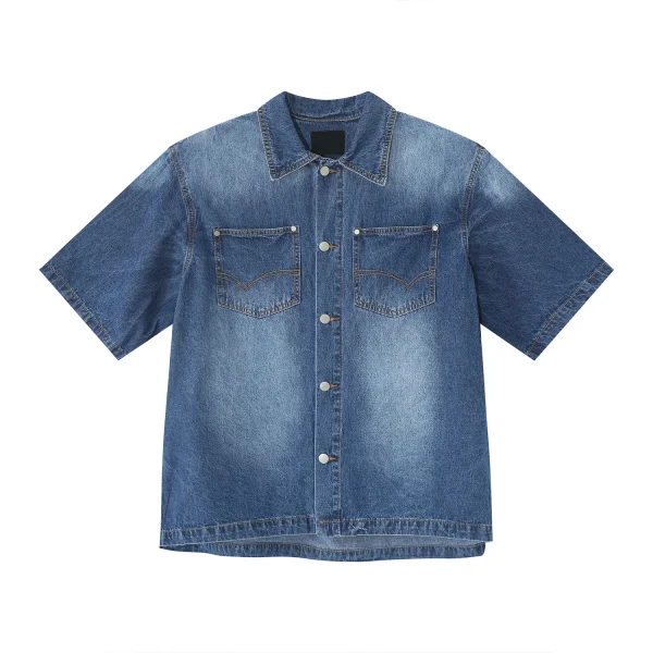Denim Jacket Men's Summer Loose Denim Short-sleeved Shirt Shoulder Pad Coat Cardigan for Men