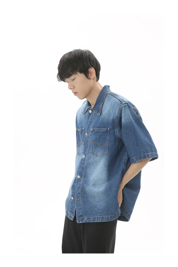 Denim Jacket Men's Summer Loose Denim Short-sleeved Shirt Shoulder Pad Coat Cardigan for Men - Image 2