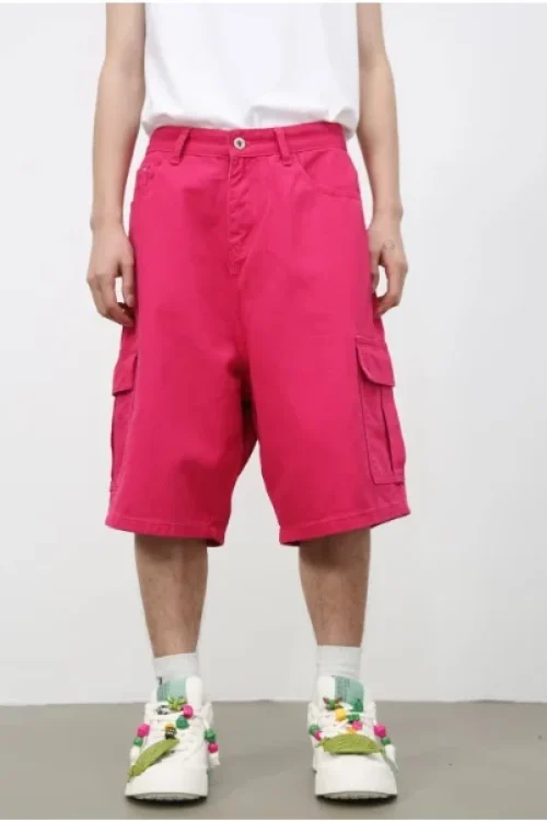Cowboy Casual Shorts for Men American Vintage Solid Pattern Five-Quarter Cargo Pants Men with Elastic Waist Closure