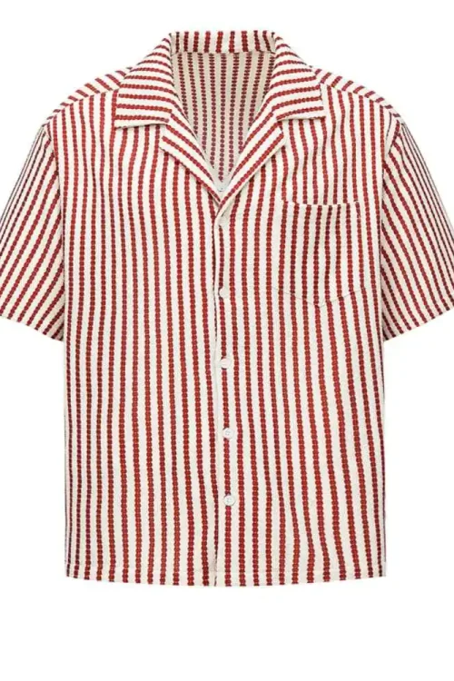 Summer Casual Top Men’s Vertical Striped Shirt Trendy Loose Fit Cuban Style Short Sleeve Turn-Down Stand Collar Shirts