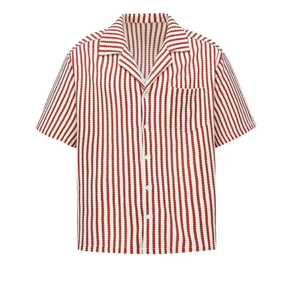 Summer Casual Top Men’s Vertical Striped Shirt Trendy Loose Fit Cuban Style Short Sleeve Turn-Down Stand Collar Shirts