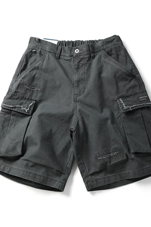Men’s Summer Cargo Shorts 100% Cotton Vibe American High Street Style Distressed Patch Loose Fit Zipper Fly Knee-Length Shorts