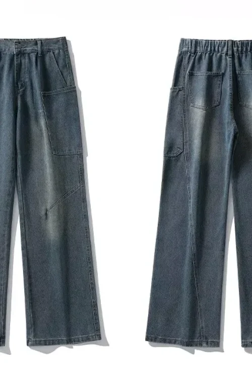 2025 Trendy Mid-Casual Washed Denim Men’s Jeans New Style with Real Curved Knife Straight Slightly Flared Pants for Summer