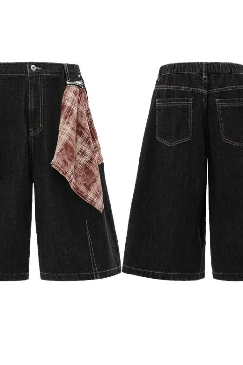 2025 Color-Block Square Scarf Design Denim Shorts Unisex Loose Summer Casual Cropped Pants Straight Breathable