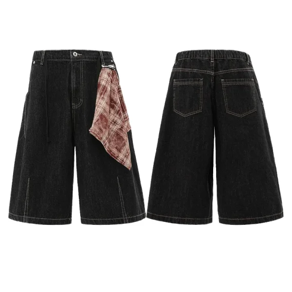 2025 Color-Block Square Scarf Design Denim Shorts Unisex Loose Summer Casual Cropped Pants Straight Breathable