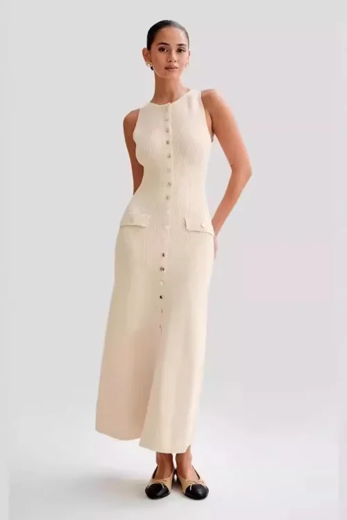 2025 Summer New Elegant Slim Knitted Dress European American Style Casual Neck Sleeveless Front Woven Chiffon Washable