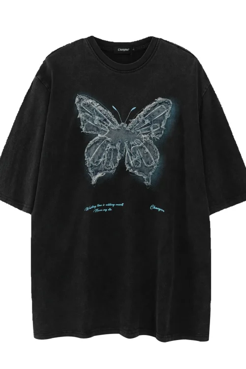 New 100% Cotton Butterfly Printed Vintage High Quality O-Neck Men T-shirt