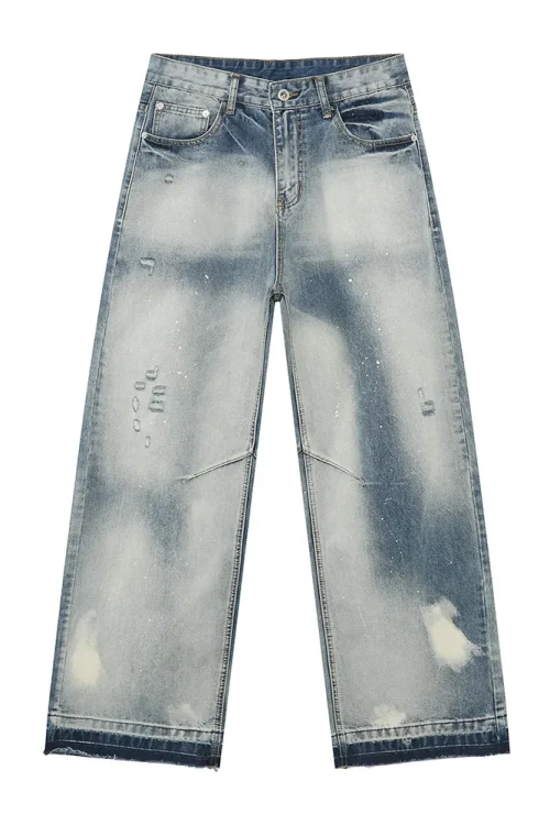 2025 Men’s Summer Vintage Jeans High Street Vibe Heavy Craft Splash Ink Washed Frayed Denim Casual Style